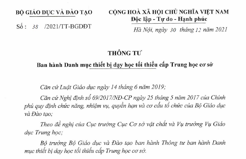 Danh mục thiết bị dạy học tối thiểu cấp Trung học cơ sở